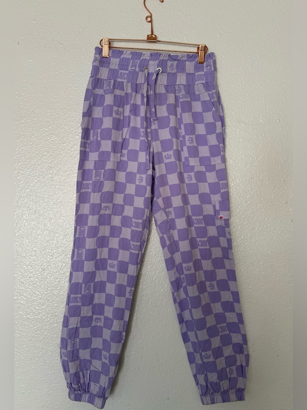 Juicy Couture Lavender Checkerboard Waistband Joggers cargo women’s size small